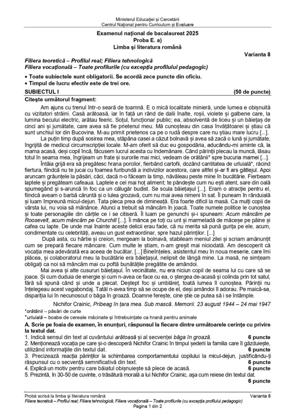 Controverse la Bac. Fragment al ministrului Propagandei din regimul legionar, rezervă la proba de limba română 980045