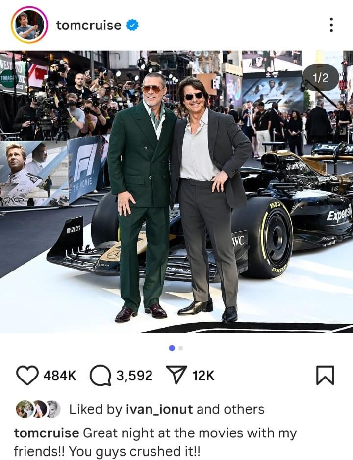 După 30 de ani, Brad Pitt şi Tom Cruise au făcut senzaţie pe covorul roşu la premiera filmului F1, la Londra: "Fraţi din mame diferite" 983510