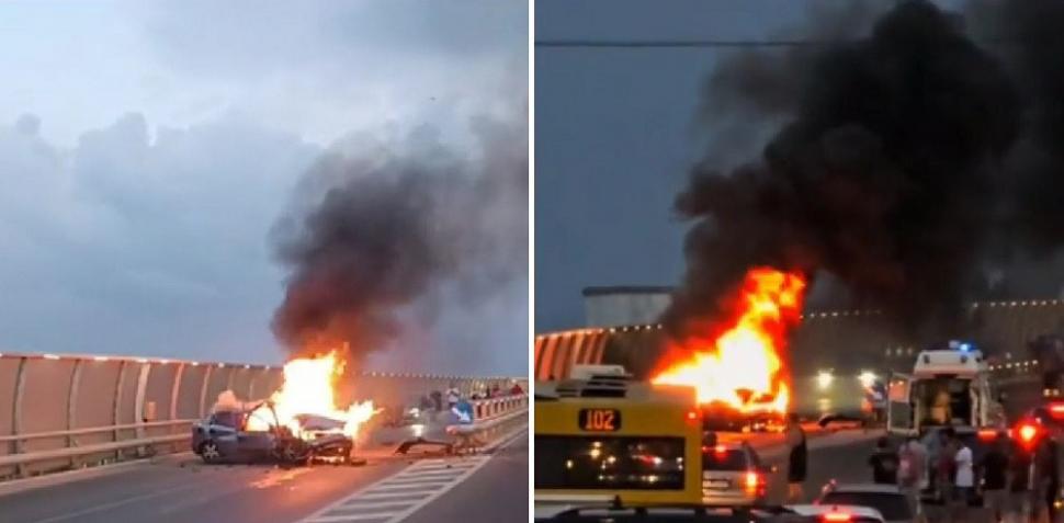 Accident grav în Constanţa din cauza alcoolului. O maşină a ars după ce şoferul a pierdut controlul şi s-a oprit în parapetul unui pod 990349