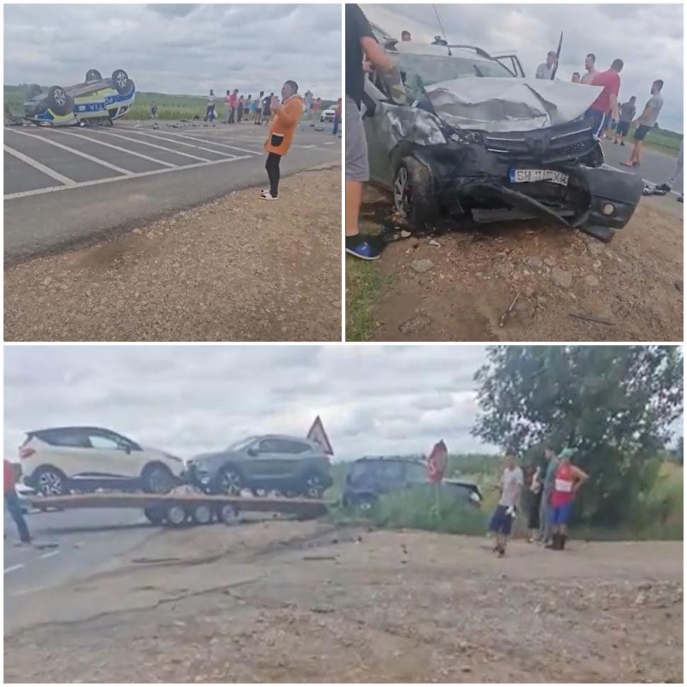 Accident grav în Timiş. O maşină de poliţie s-a răsturnat în timpul unei misiuni, după ce şoferul din faţă a frânat brusc 993948