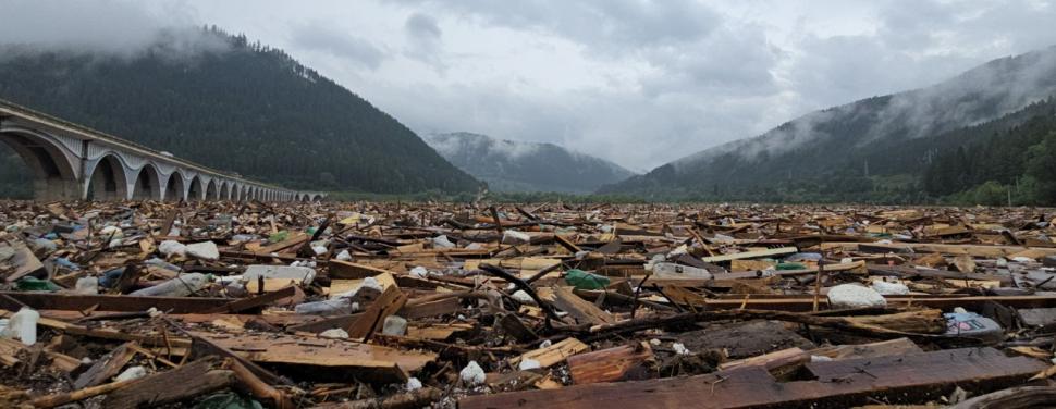 Risc biologic pe lacul Izvorul Muntelui. Viiturile au adus tone de bușteni, animale moarte și deșeuri. Va fi montat un baraj provizoriu 994912