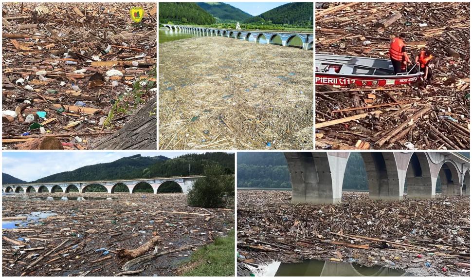 Risc biologic pe lacul Izvorul Muntelui. Viiturile au adus tone de bușteni, animale moarte și deșeuri. Va fi montat un baraj provizoriu 994919