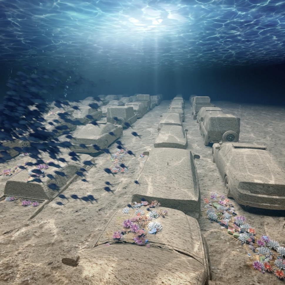 Zeci de mașini din beton vor fi puse pe fundul oceanului pentru a se transforma în recife de corali. Cum arată instalația unică în lume 1003270