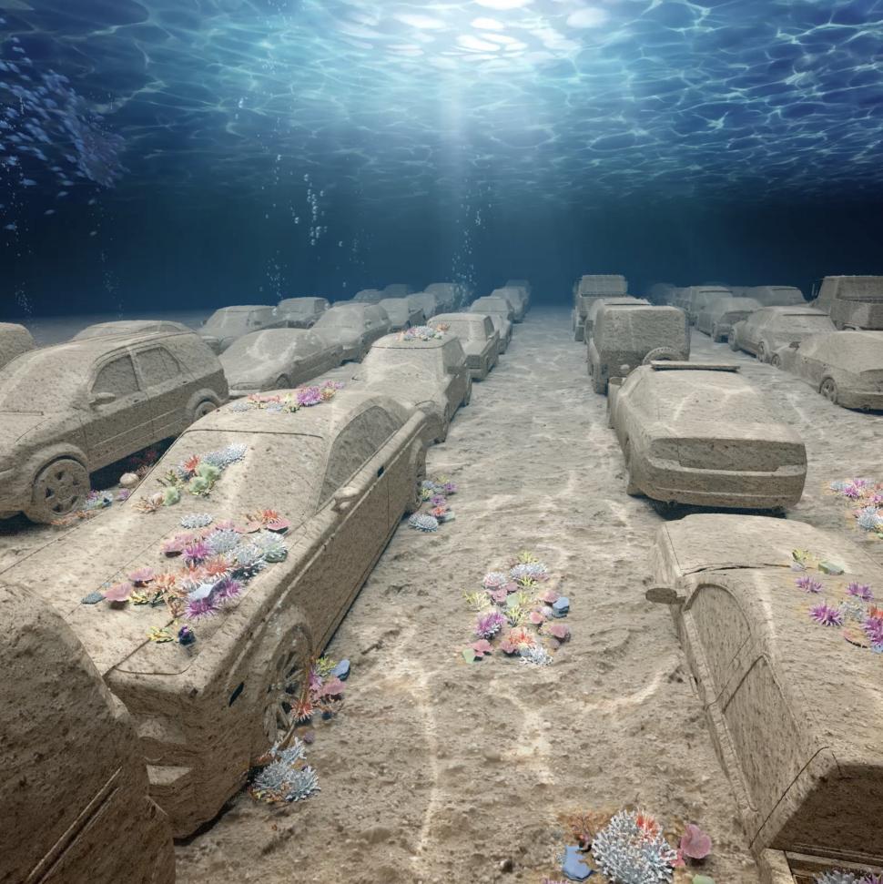 Zeci de mașini din beton vor fi puse pe fundul oceanului pentru a se transforma în recife de corali. Cum arată instalația unică în lume 1003271