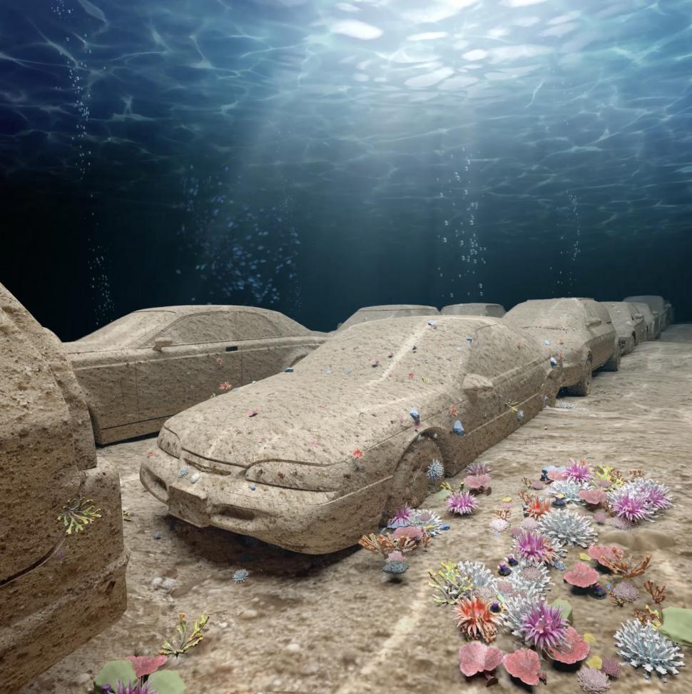 Zeci de mașini din beton vor fi puse pe fundul oceanului pentru a se transforma în recife de corali. Cum arată instalația unică în lume 1003272