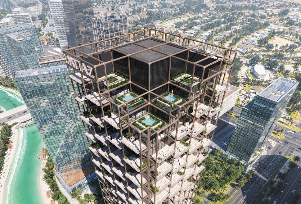 Un zgârie-nori „întors pe dos”, cu structură de exoschelet și terase cu piscine, se construiește în Dubai. Cum va arăta Symphony Tower 1025815