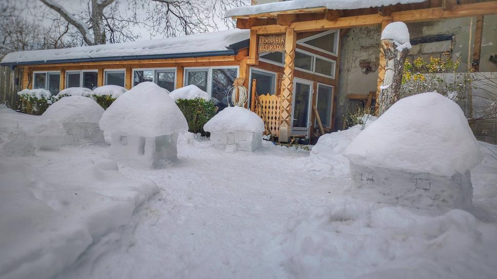Radu Fachin, sculptor din Deva, și-a construit în curte un „cartier” de căsuțe tradiționale din zăpadă. Cum arată creațiile de iarnă 1038510
