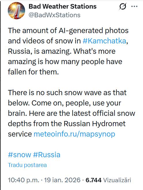 Da, zăpada chiar a îngropat Peninsula Kamceatka din Rusia. Dar asta nu înseamnă că trebuie să credeți imaginile generate de AI 1039907