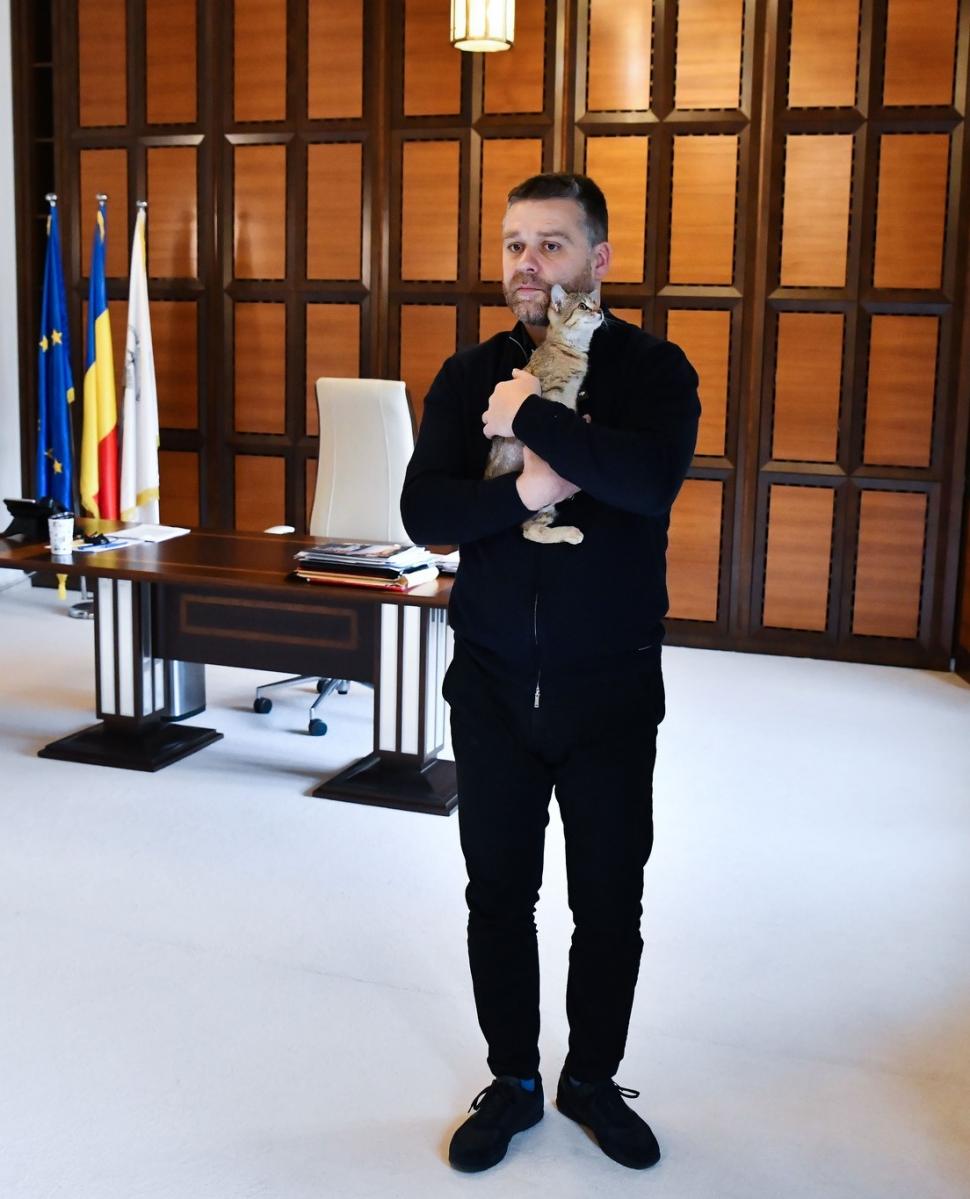 Ciprian Ciucu și-a luat pisică și la Primăria Generală. Cathy a fost găsită grav rănită pe stradă și a fost adoptată  1045709