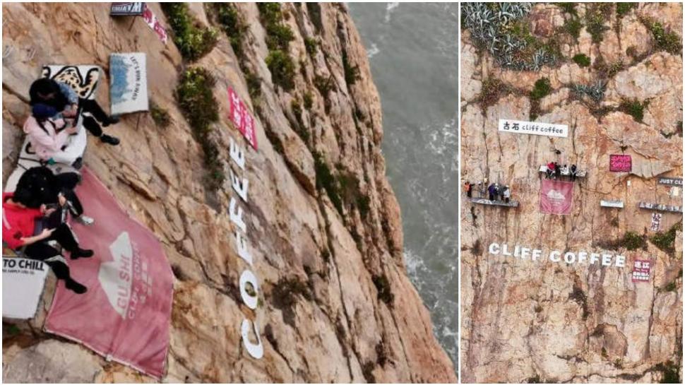 VIDEO - O cafea costă 58 $ la cea mai periculoasă cafenea din lume. Oamenii stau agățați de stâncă, la 70 metri deasupra mării 1050400