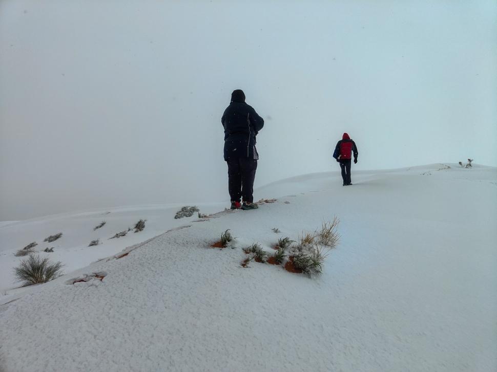 Peisaj SF în Sahara, unde a nins iar zăpada a acoperit dunele de nisip. Localnicii din apropiere s-au dus la derdeluș 1052933