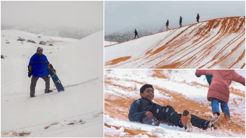 Peisaj SF în Sahara, unde a nins iar zăpada a acoperit dunele de nisip. Localnicii din apropiere s-au dus la derdeluș 1052953