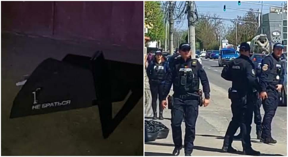 Drona prăbușită în Galați (stanga) si  polițisti (dreapta) 