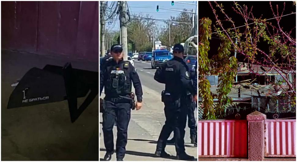 Drona prăbușită în Galați (stanga) polițisti (mijloc) casa avariata (dreapta)