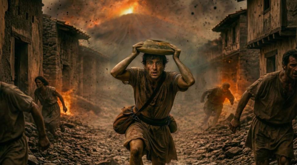 Un bărbat prins în Pompeii de erupția Vezuviului încerca să-și protejeze capul cu un bol. Scena tulburătoare a fost reconstituită de AI 1065150