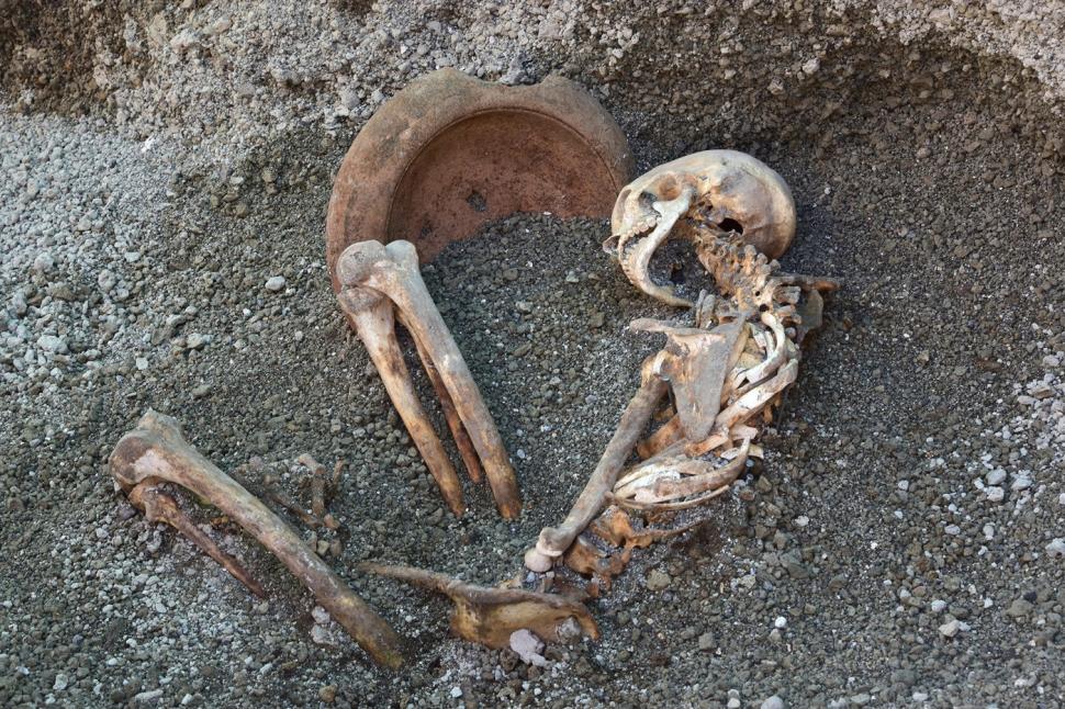Un bărbat prins în Pompeii de erupția Vezuviului încerca să-și protejeze capul cu un bol. Scena tulburătoare a fost reconstituită de AI 1065154