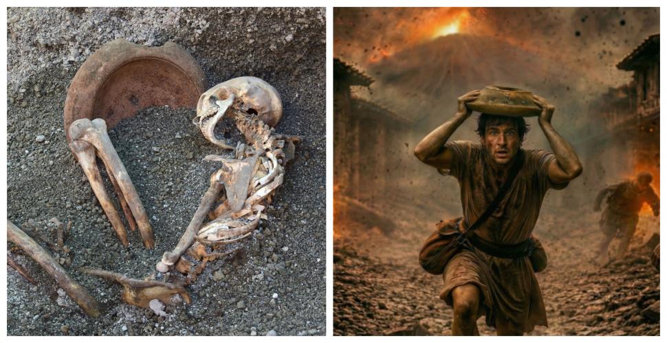 Un bărbat prins în Pompeii de erupția Vezuviului încerca să-și protejeze capul cu un bol. Scena tulburătoare a fost reconstituită de AI 1065156