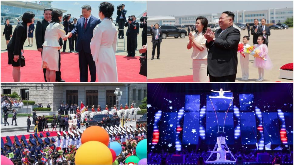 Cai albi, acrobați și mii de copii sărind în sus de bucurie. Cum l-au primit Kim Jong Un și soția lui la Phenian pe Xi Jinping 1075444