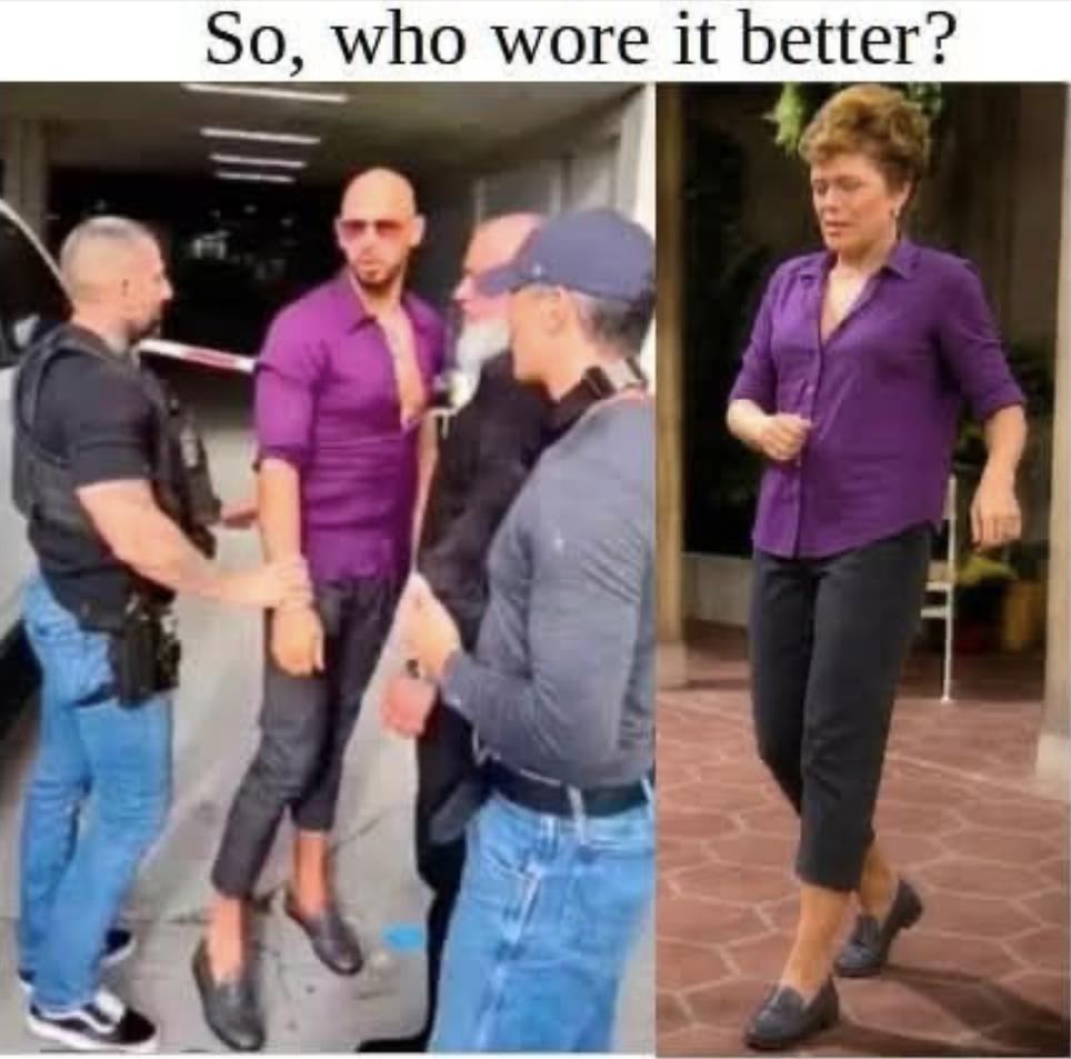 Internetul râde de hainele lui Andrew Tate din momentul arestării. Val de glume, ironii și meme: Internauții i-au pus și pantofi cu toc 1086788