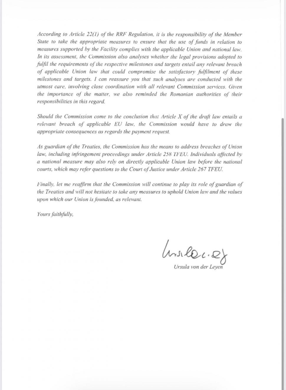 Cum a răspuns Ursula von der Leyen la scrisoarea PPE și Renew de suspendare a banilor din PNRR din cauza „amendamentului Fritz” 1098688
