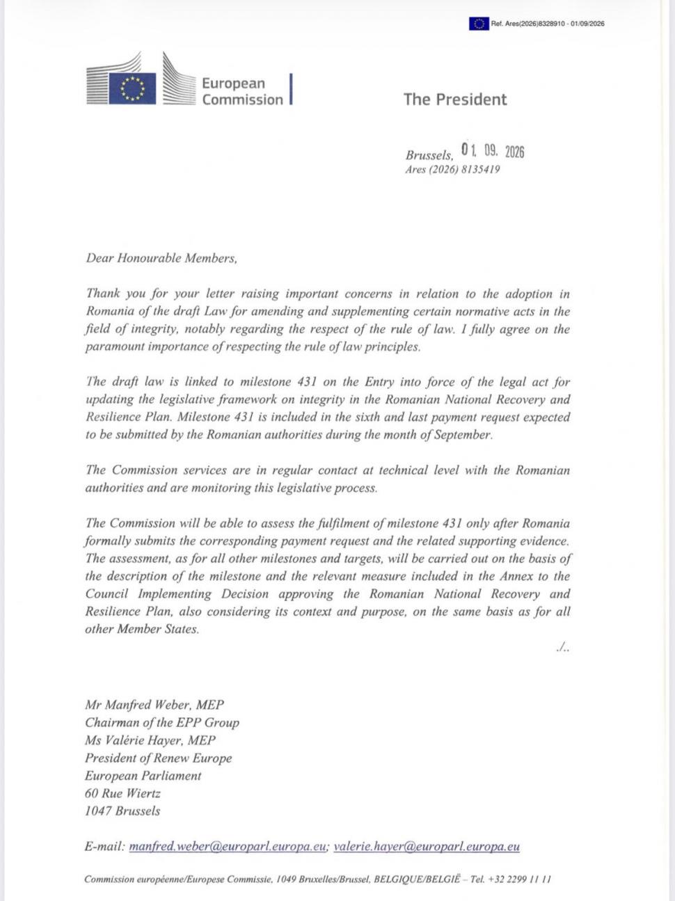 Cum a răspuns Ursula von der Leyen la scrisoarea PPE și Renew de suspendare a banilor din PNRR din cauza „amendamentului Fritz” 1098689