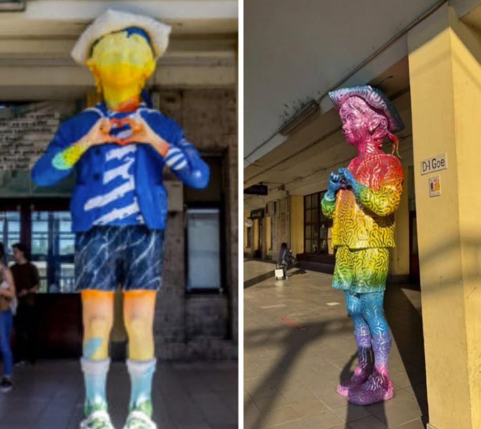 Scandal la Ploiești, statuia D-lui Goe a fost vopsită în culorile curcubelui. PSD le asociază cu mișcarea LGBT. Replica artistei 1103486
