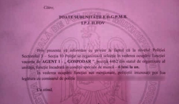 Secţia 10 Poliţie din Bucureşti, anunţ de angajare pentru agent - gospodar