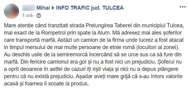 Camion atacat în mers, într-un cartier din Tulcea: 'Foamea îi scoate la produs'