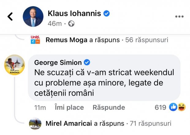 George Simion, comentariu ironic la postarea lui Klaus Iohannis