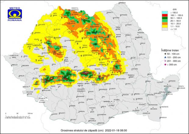 Grosimea stratului de zăpadă în România, 18 ianuarie 2022