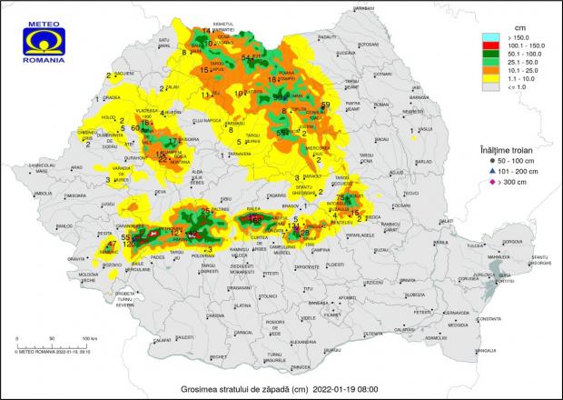 Grosimea stratului de zăpadă în România, 19 ianuarie 2022