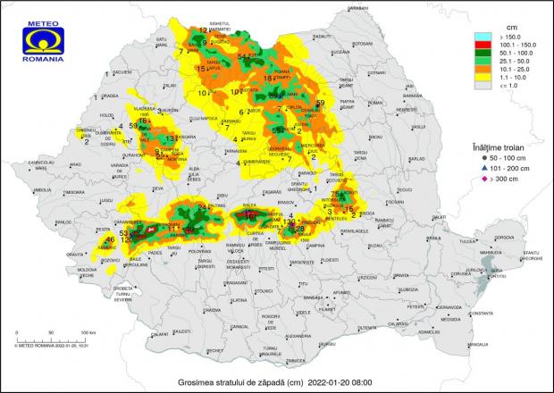 Grosimea stratului de zăpadă în România, 20 ianuarie 2022