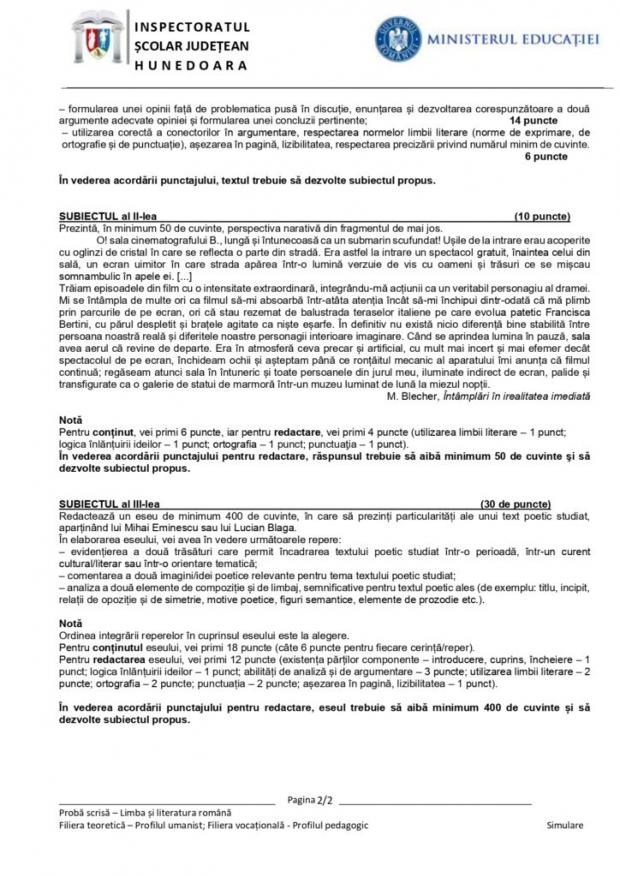 Simulare Bacalaureat 2023. Model de subiect și barem de corectare la Limba și Literatura Română