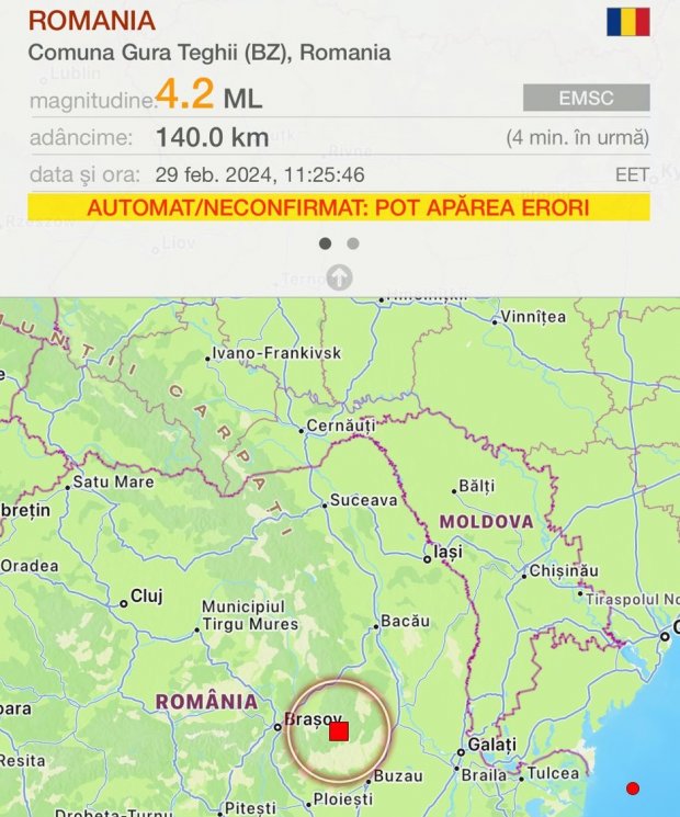 Cutremur cu magnitudinea de peste 4, produs între Buzău şi Braşov