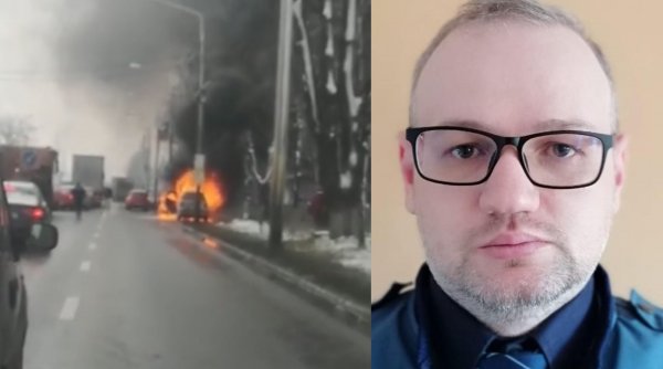 Polițist din Roman, erou după ce a sărit într-un autoturism în flăcări și a salvat doi oameni. La scurt timp mașina a explodat - VIDEO