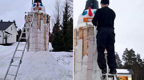 Un român, profesor de sport, a construit cel mai înalt om de zăpadă din Finlanda: 