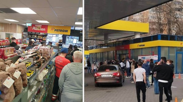 Zeci de români stau la coadă la benzinării pentru a face cumpăraturile, după ce s-au închis magazinele