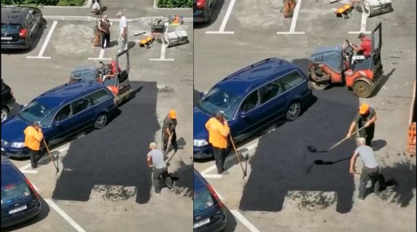 Muncitorii Primăriei Suceava au peticit o groapă pe lângă mașina parcată deasupra acesteia