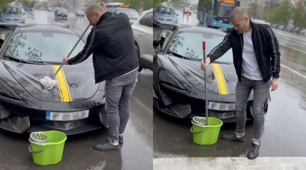 Tânăr care își șterge bolidul McLaren cu mopul, după ploaie, în București, viral pe internet: 
