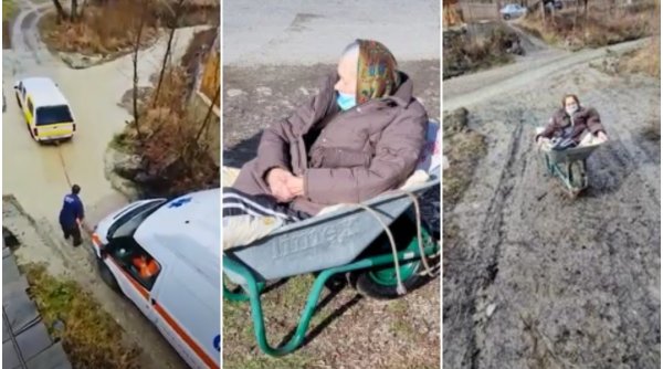 Femeie de 85 de ani cu un picior amputat, adusă acasă cu o roabă, pentru că drumul era inundat, în Vâlcea. Ce spun autorităţile