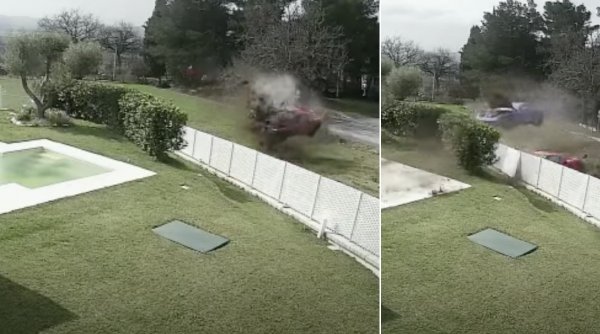 Momentul în care două mașini Ferrari se izbesc violent de gardul unui vile, la un interval de câteva secunde, în Italia