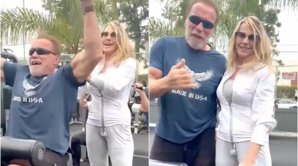 Nadia Comăneci și Arnold Schwarzenegger, filmați într-un parc cu aparate de fitness: 