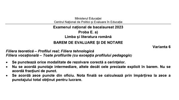 Baremul de corectare pentru proba de Limba română de la Bacalaureat 2023, publicat oficial