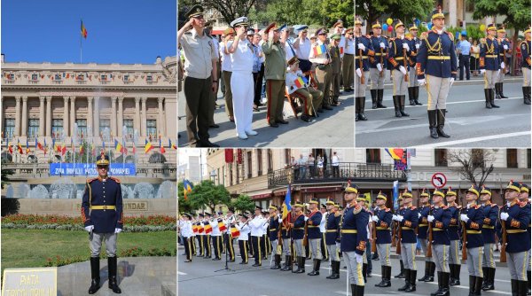 Ceremonie cu ocazia Zilei Imnului Național, în centrul Bucureștiului. Clipe emoționante în fața Cercului Militar