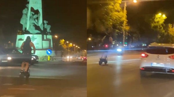 Tânăr pe trotinetă electrică, filmat când merge pe banda a doua, cu 60 de km/h, pe un bulevard din București