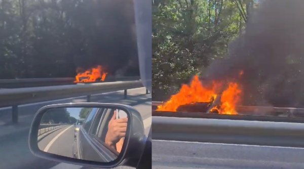Un autoturism a ars ca o torță pe Autostrada A1 București-Pitești. Pompierii au intervenit