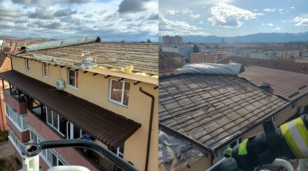 Vântul puternic a desprins acoperişul unui bloc din Brașov. Două mașini au fost avariate