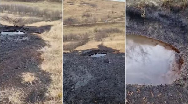 Fenomen straniu și periculos în zona Vulcanilor Noroioși: s-a format o mare pată neagră, vizibilă de pe drum. Suprafața este plină de gropi cu petrol