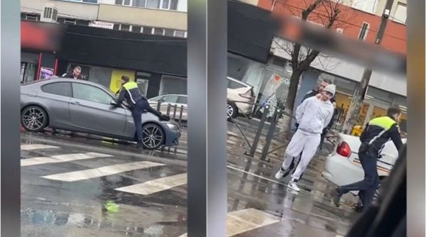 Șofer de 23 de ani cu permisul suspendat şi numere false, blocat și scos cu forța din mașină, după ce nu a oprit la semnalele Poliţiei, în Bucureşti