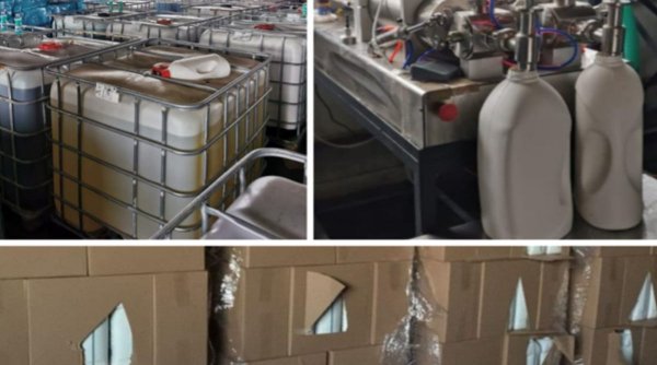 Detergent de haine contrafăcut, îmbuteliat într-un depozit ascuns din Mureș. Peste 100.000 de litri au fost găsiţi la percheziții